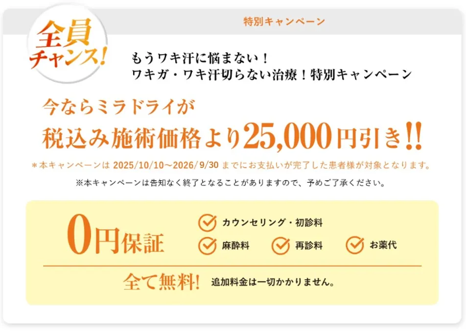 今ならミラドライが税込み施術価格より25,000円引き!!
