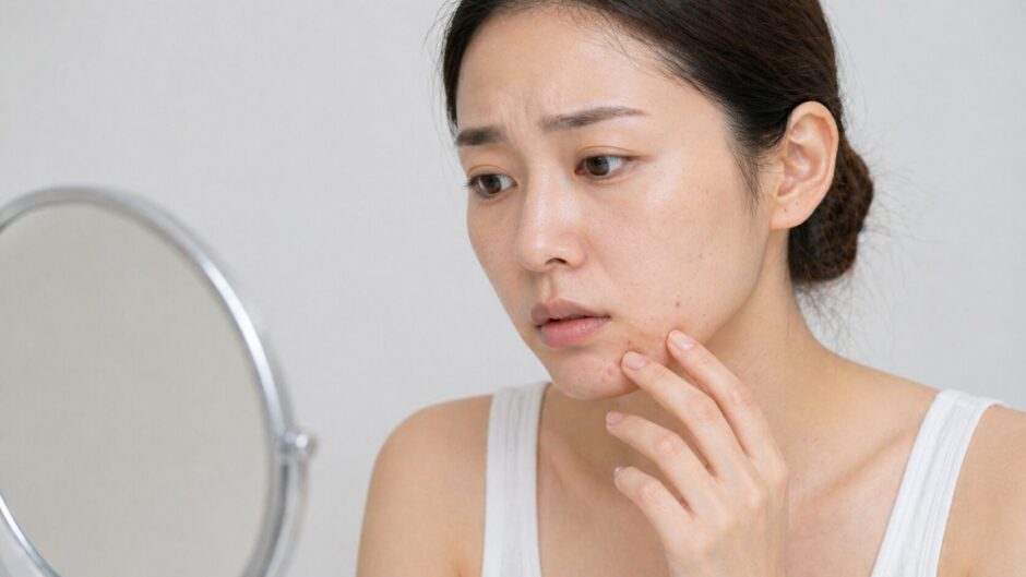 顎のニキビを気にして顔を触っている女性
