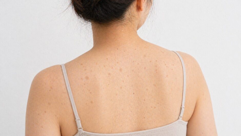肩から背中にかけてしみ（老人性色素斑）がある女性