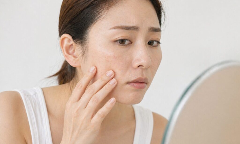 顔のシミを気にして頬を触っている女性