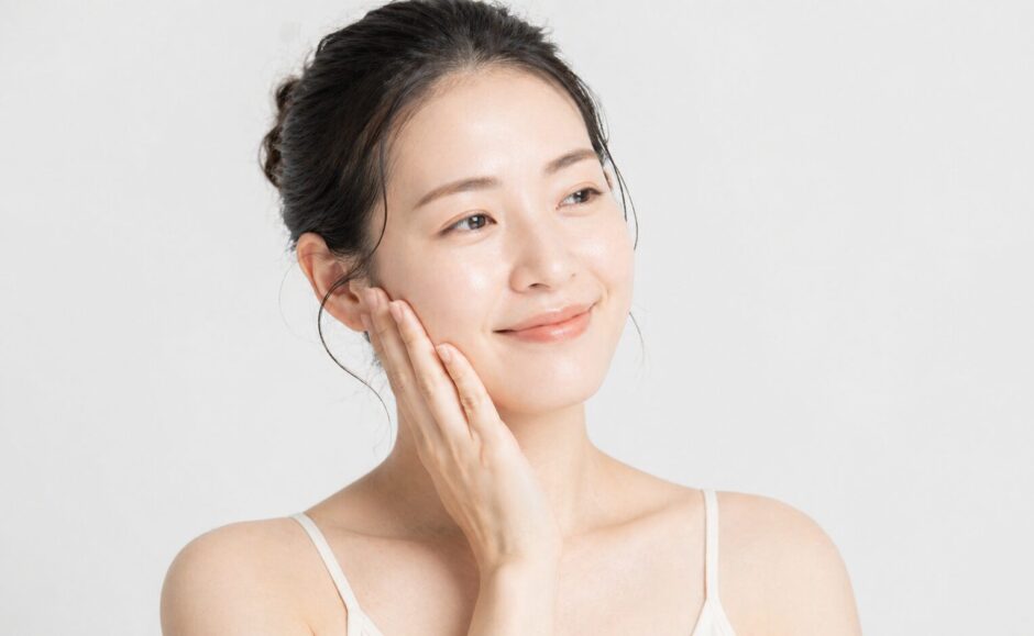 頬に手を当てている女性