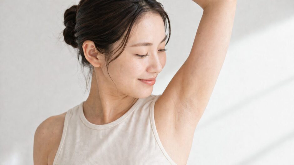 片腕を上げて脇を確認する女性