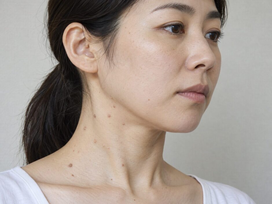 首にイボが複数ある女性