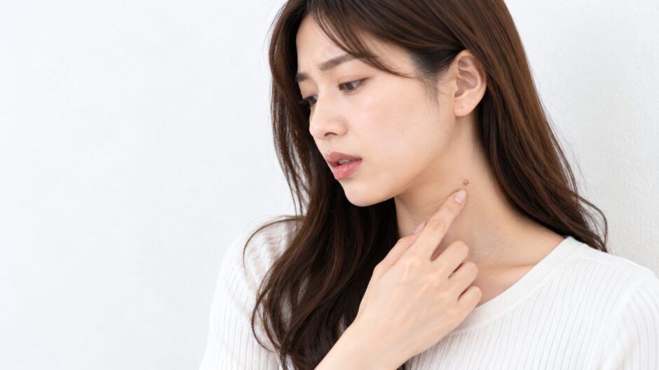 首のできものを気にして触れている女性